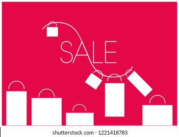Sale - hand drawn lettering with shopping bags; white letters on red background. Vector illustration for prints, posters, banners, stickers, flyers, commerce, advertising, discount shopping, web.