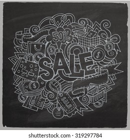 Sale hand lettering and doodles elements and symbols background. Vector chalkboard hand drawn illustration