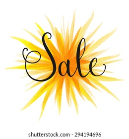 Sale hand lettering on splash hand drawn abstract colorful textured background. Template for your design. Vector illustration