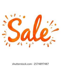 "Sale" hand-lettered in a vibrant orange watercolor style, surrounded by dynamic splatters and dashes. 