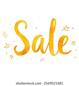 "Sale" hand-lettered in a warm, golden yellow watercolor style, accented with small leaves and dots.