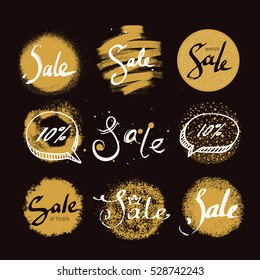 Sale handwritten lettering, label, badge, tag, sign, sticker. Artistic collection of design elements for shop invitation, ad banner, website flyer, poster templates. Gold collection vector set.
