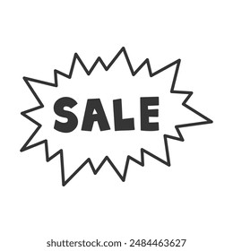 Sale Handwritten text in exploding bubble. Hand drawn promotion advertisement discount label. Isolated line vector illustration in comic style