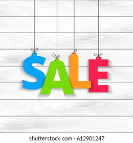 Sale hanging on the thread colored  letters tag banner on wooden white background. Web banner or poster for e-commerce, on-line cosmetics shop, fashion & beauty shop, store. Vector illustration. 