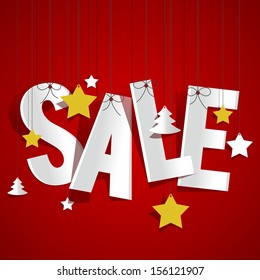 Sale hanging with stars and christmas trees vector illustration