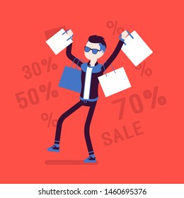Sale for happy boy. Man enjoys buying at lower price, consumer carrying out purchase bags after shopping, getting goods. Vector illustration with faceless character, discount percentage background