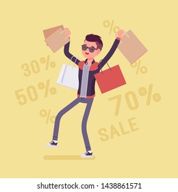 Sale for happy boy. Young man enjoys buying at lower price, consumer carrying out purchase bag after big shopping, getting goods. Vector flat style cartoon illustration, discount percentage background