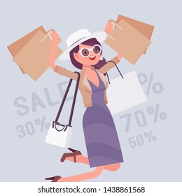 Sale for happy girl. Young woman enjoying shopping, carrying out purchases bags, consumer spending money buying at lower price. Vector flat style cartoon illustration, discount percentage background