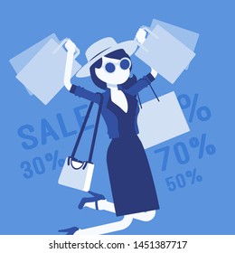 Sale for happy girl. Young woman enjoying shopping, carrying out purchases bags, consumer spending money buying at lower price. Vector illustration, faceless character, discount percentage background