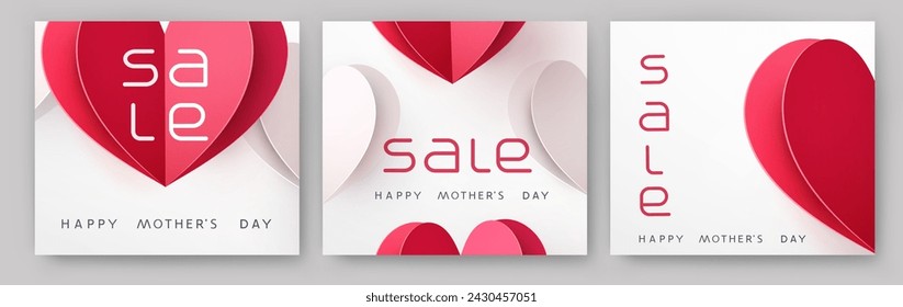 Venta Feliz Día de la Madre descuento banner conjunto. Carteles de ofertas especiales, anuncios, portadas, etiquetas. Vector fondos románticos con corazones de papel 3d