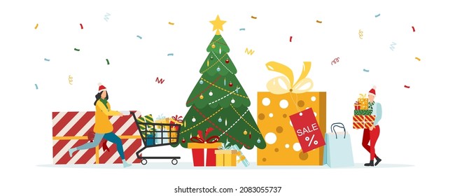 Sale, happy people and big shopping bag isolated vector illustration. Big New Year and Christmas sale.