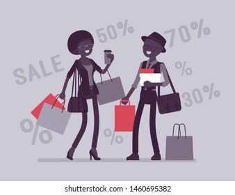 Sale for happy people. Man, woman enjoy shopping together, buying goods at lower price, consumers getting a good bargain. Vector illustration with faceless character, discount percentage background