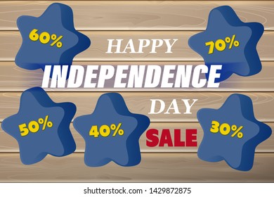 Sale for Happy USA Independence Day, a banner with discounts on blue stars, on wooden background