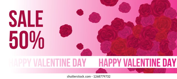 Sale, Happy Valentine Day lettering and roses heart. Saint Valentines Day offer or sale advertising design. Typed text, calligraphy. For leaflets, brochures, invitations, posters or banners.