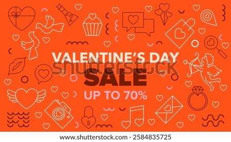 Sale Happy Valentines Day Line Banner. Vector Illustration of Outline and Contour Style. Love Romance. Seasonal Greetings. Discount Up to 70% Promotion. Heart Linear Objects.