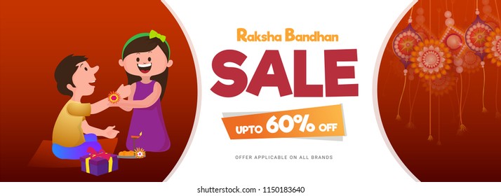 Sale header or banner design, Upto 60% discount offer with illustration of brother and sister celebrating Raksha Bandhan Festival.