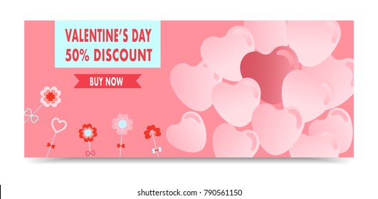 Sale header or banner with discount offer for Happy Valentine's Day celebration. Balloons in the shape of heart. Vector illustration