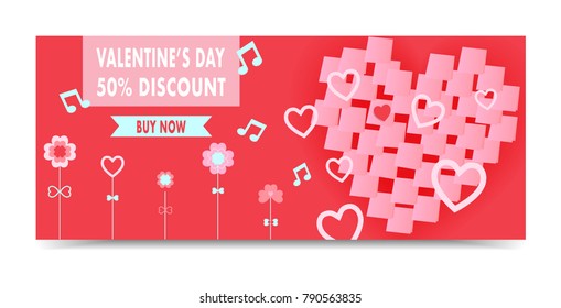 Sale header or banner with discount offer for Happy Valentine's Day celebration. Post it in the shape of heart. Vector illustration
