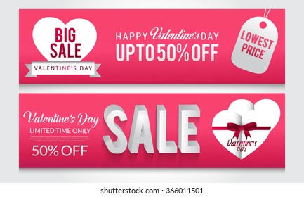 Sale header or banner set with discount offer for Happy Valentine's Day celebration.