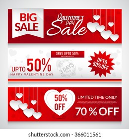 Sale header or banner set with discount offer for Happy Valentine's Day celebration.