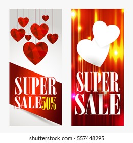 Sale header or banner set with discount offer. Card with hearts on light background.