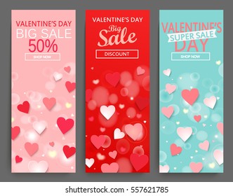 Sale header or banner set with discount offer for Happy Valentine's Day celebration.
Vector illustration.