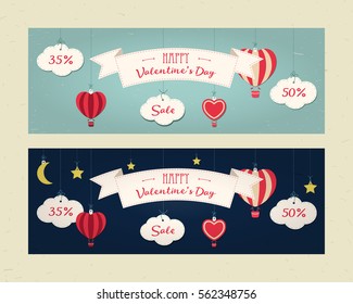 Sale header or banner set with discount offer for Happy Valentine's Day celebration. Day and night. Clouds, balloons, moon, stars, ribbon, heart. Shop market poster design. Vintage style