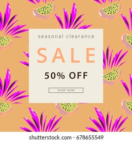 Sale header in tropical style. Fruity universal card.  Vector. Artistic background for advertising, web, blog, seasonal clearance, wedding, anniversary, greeting card, birthday, invitation.