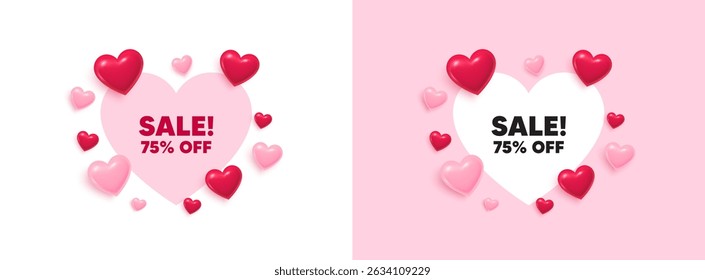 Sale heart shaped banner. 3d flying hearts. Sale 75 percent off discount. Promotion price offer sign. Retail badge symbol. Valentines day greeting card. Cute 3d love hearts. Vector