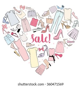 Sale, heart of women clothing, shoes and bows. Vector