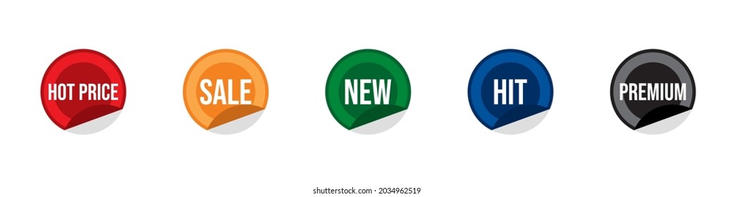 Sale, hit, new, hot price and premium colored round stickers. Promotion label set. Retail offer badges collection for online store website. Vector isolated eps icons