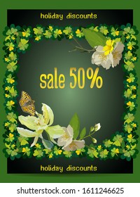 Sale, holiday discount up to 50%, green banner with a discount for the site, for St. Patrick's Day, a billboard or flyer decorated with plants, clover leaves, buds of lilies and jasmine.