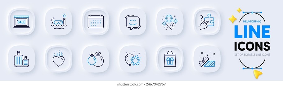 Sale, Holidays shopping and Search puzzle line icons for web app. Pack of Baggage, Balloon dart, Calendar pictogram icons. Present, Christmas ball, Fireworks signs. Scuba diving, Heart. Vector