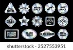 Sale hologram sticker. Holographic metallic patch. Black Friday glossy labels elements in different shapes. Discount template, price tag, iridescent shiny vector emblems.