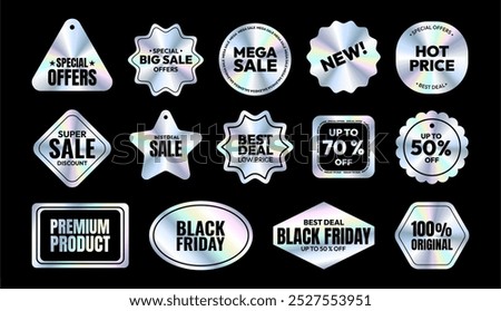 Sale hologram sticker. Holographic metallic patch. Black Friday glossy labels elements in different shapes. Discount template, price tag, iridescent shiny vector emblems.