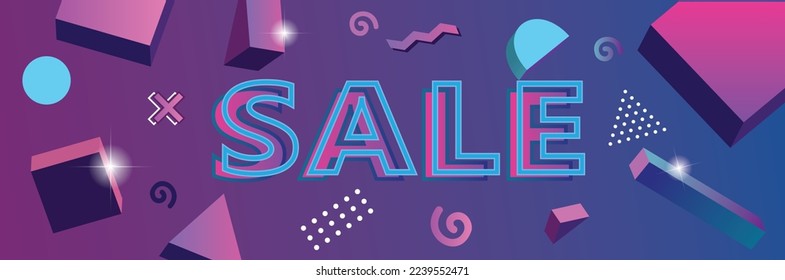 Sale horizontal banner with geometric abstract memphis milano shapes. dark background in 1980's retro style.  Special offer or discount. Vector illustration