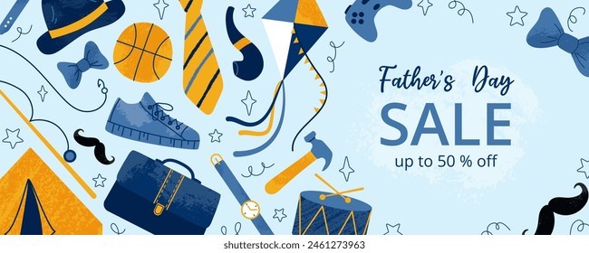 Sale horizontal banner with grunge textured male stuff and typography on blue background for Happy Father's Day. Trendy design for poster, background, advertisement