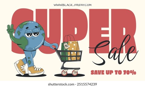 Sale horizontal banner with text and cute Earth character on a white background. Black Friday poster for advertisement, social media post, website. Groovy style vector illustration.