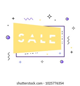 Sale horizontal banner. Sale text on geometric bubble with random decorative shapes. Sliced text. Element for graphic design - poster, flyer, brochure, card, tag, sticker, badge. Vector illustration.