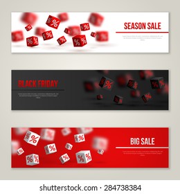 Sale Horizontal Banners Set. Vector Illustration. Design Template for Holiday Events. 3d Cubes with Percents. Original Festive Backdrop for Black Friday.