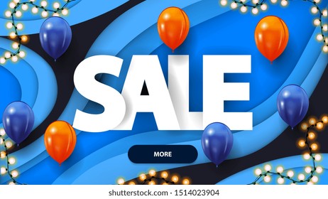 Sale, horizontal blue discount banner in paper cut style with orange and blue balloons