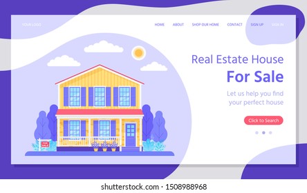 Sale house landing page. Vector. Real estate. Buy or rent house web page template. Home with garden in flat design. Investment property concept. Colorful Illustration. Horizontal banner.