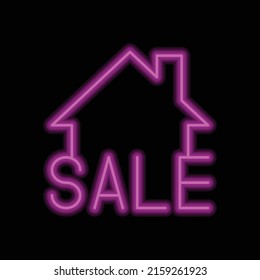 Venta, casa simple vector icono. Diseño plano. Estilo de neón morado sobre fondo negro.ai