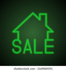 Sale, house simple icon vector. Flat design. Green neon on black background with green light.ai