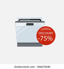 Sale of household appliances. Electronic device with red bubble discount percentage. Sale badge label. Home appliances in flat style. Dishwasher machine, dish, washing dishes, dishwasher isolated