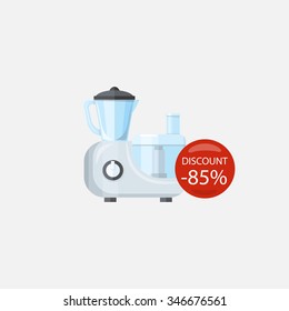 Sale of household appliances. Electronic device with red bubble discount percentage. Sale badge label in flat style. Blender, food processing, processor, juicer, food processor isolated, food blender