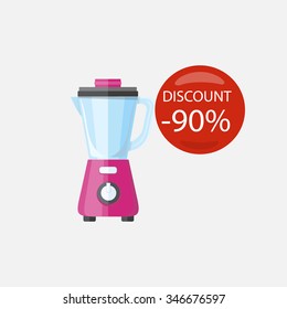 Sale of household appliances. Electronic device red bubble discount percentage. Sale badge label in flat style. Mixer, blender, blend, blender isolated, blender fruit, smoothie, food processor, juicer