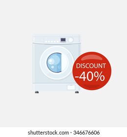 Sale of household appliances. Electronic device with red bubble with discount percentage. Sale badge label. Home appliances in flat style. Laundry, washing, washing machine isolated, washing machine