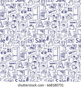 Sale household appliances hand drawn seamless pattern with doodle elements on squared background. Wallpaper of house equipment.