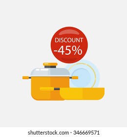 Sale of household appliances with red bubble discount percentage. Sale badge label. Home appliances in flat style. Plate, dishes set, dirty dishes, bowl, kitchen